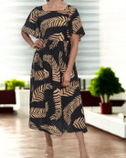 Ladies Brown Fern Print Square Neck Dress - StylePhase SA