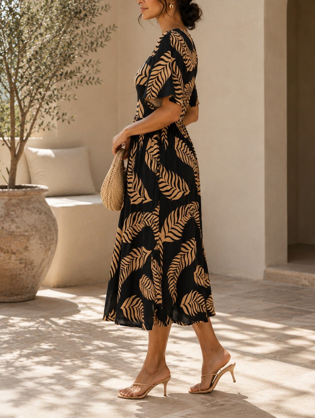Ladies Brown Fern Print Square Neck Dress - StylePhase SA