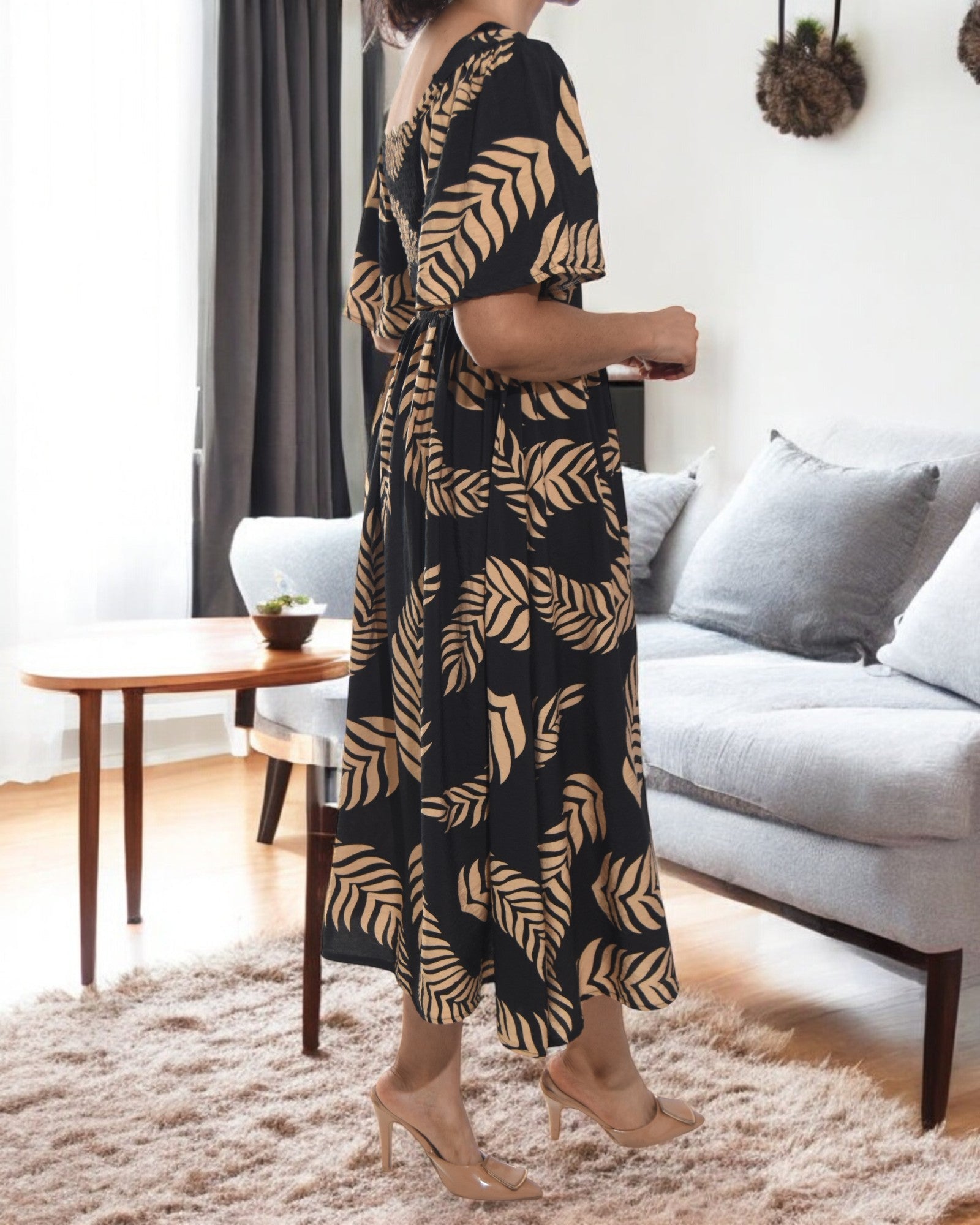 Ladies Brown Fern Print Square Neck Dress - StylePhase SA