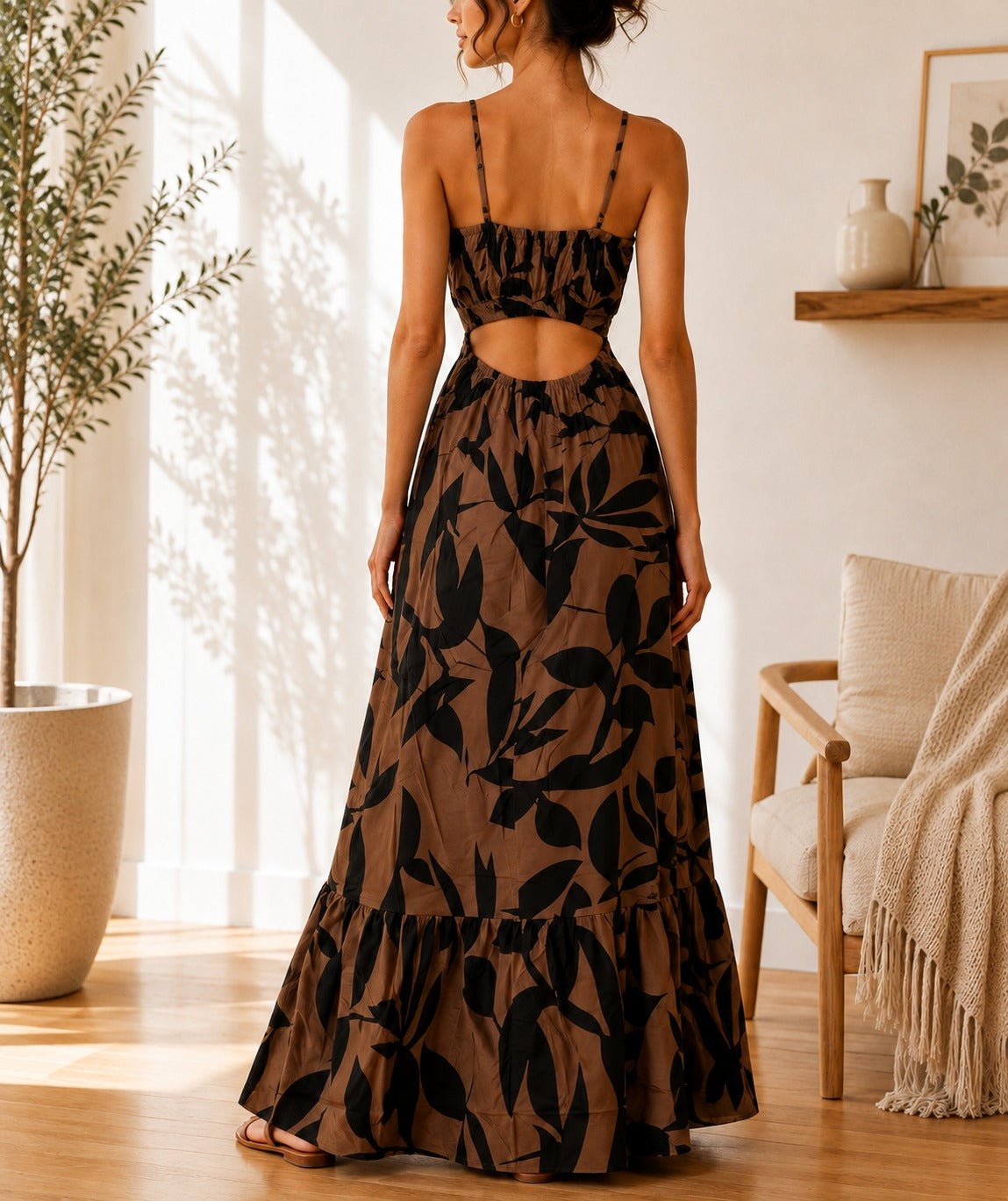 Ladies Brown Floral Cut Out Maxi Dress - StylePhase SA