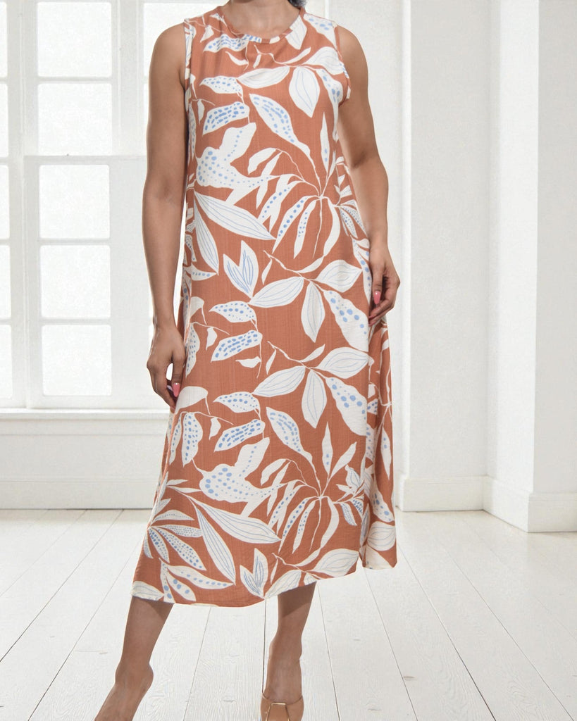 Ladies Brown Floral Midi Sleeveless Dress - StylePhase SA