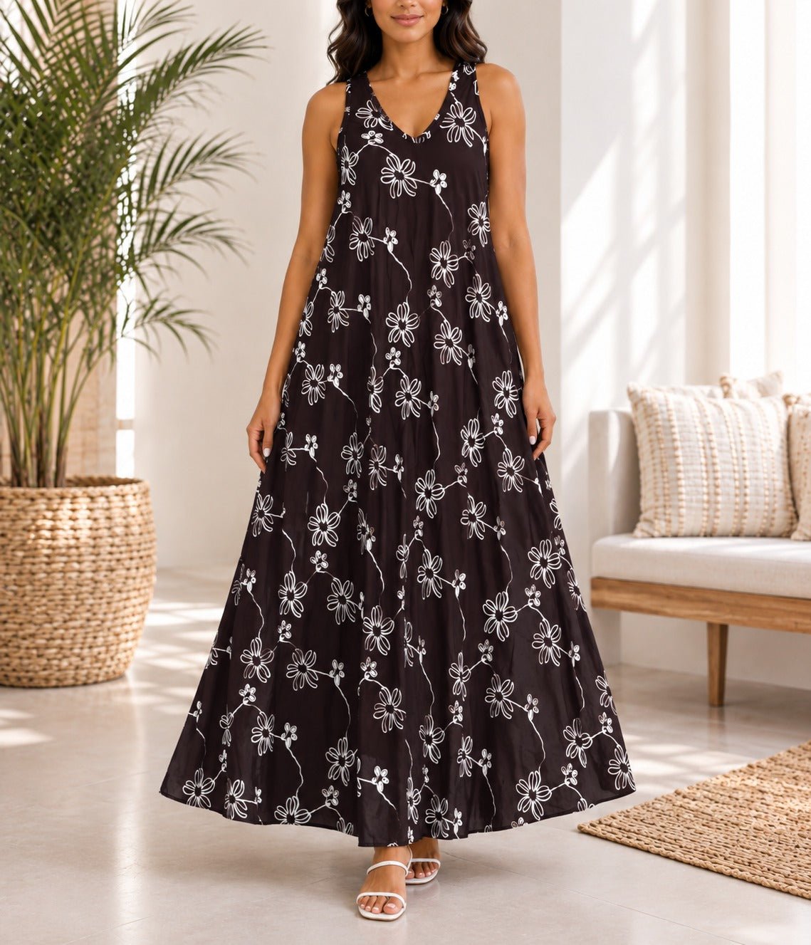Ladies Brown Floral Print Midi V-Neck Pocket Dress - StylePhase SA