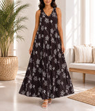 Ladies Brown Floral Print Midi V-Neck Pocket Dress - StylePhase SA