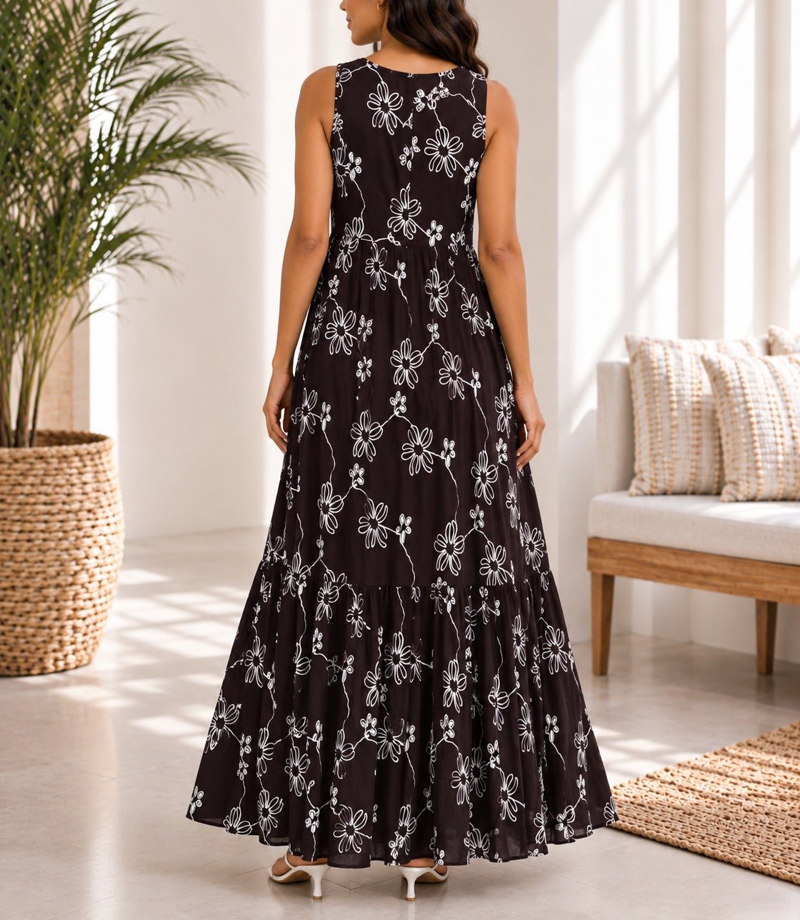 Ladies Brown Floral Print Midi V-Neck Pocket Dress - StylePhase SA