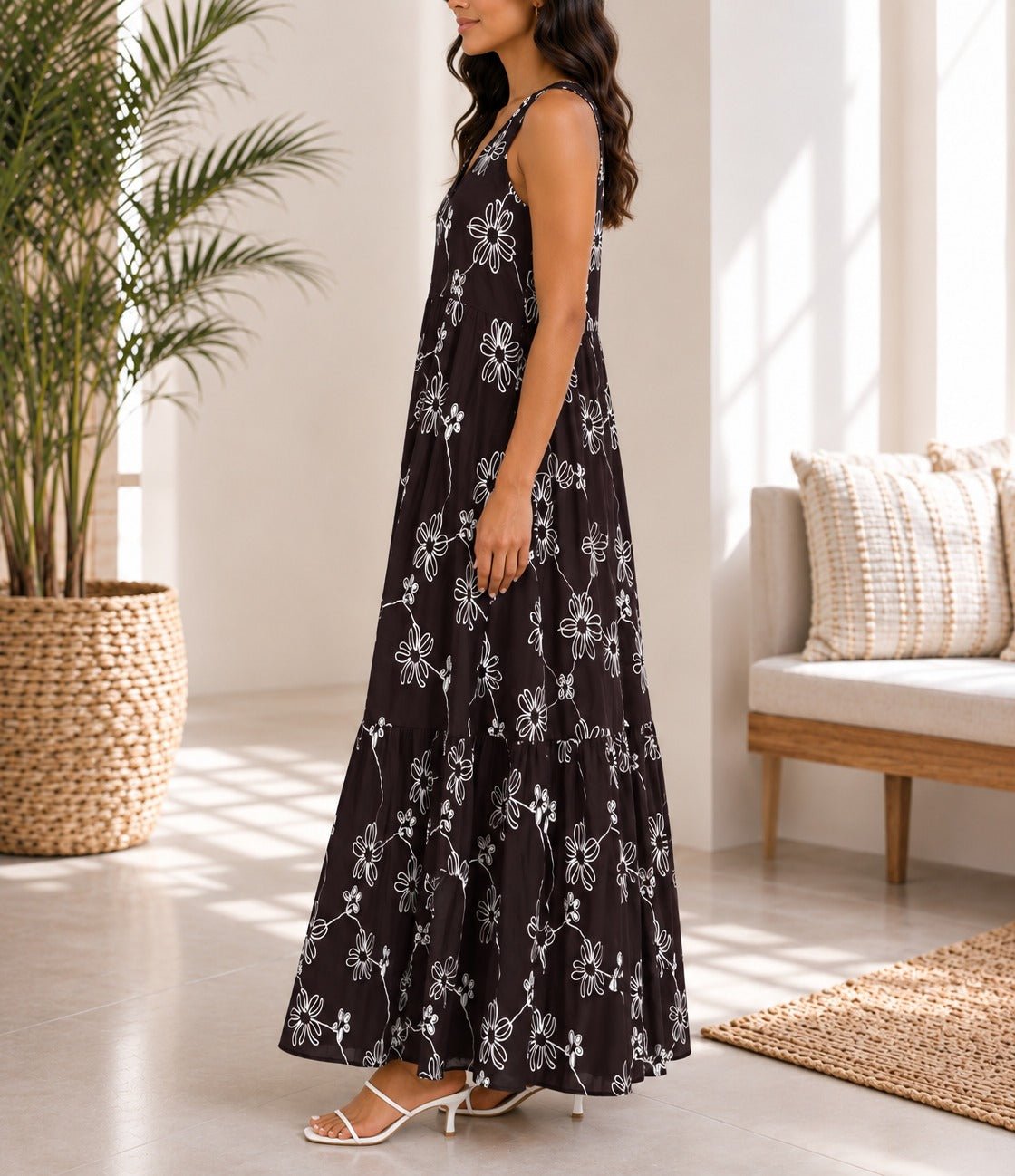 Ladies Brown Floral Print Midi V-Neck Pocket Dress - StylePhase SA