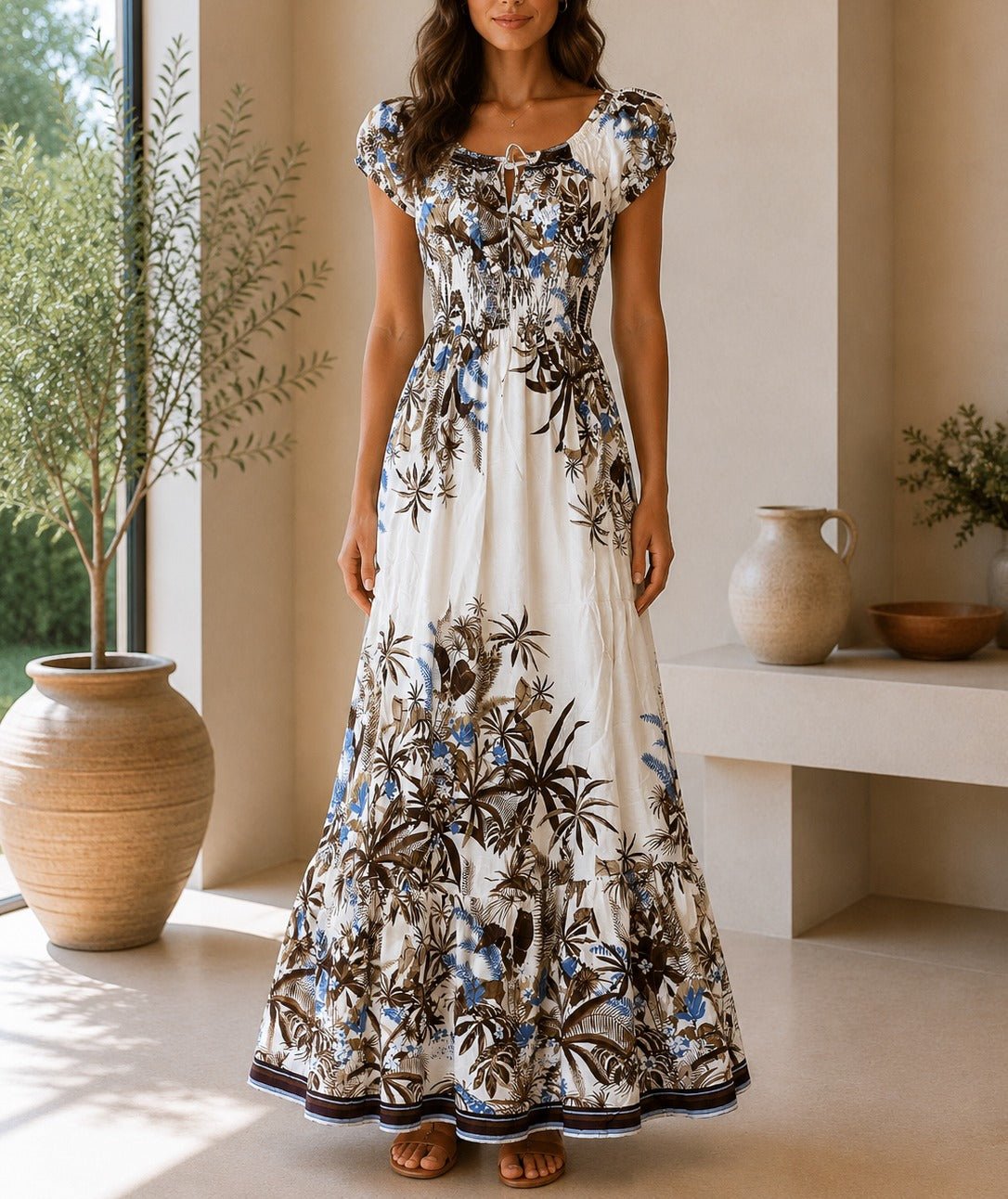 Ladies Brown Floral Smoked Waist Maxi Dress - StylePhase SA