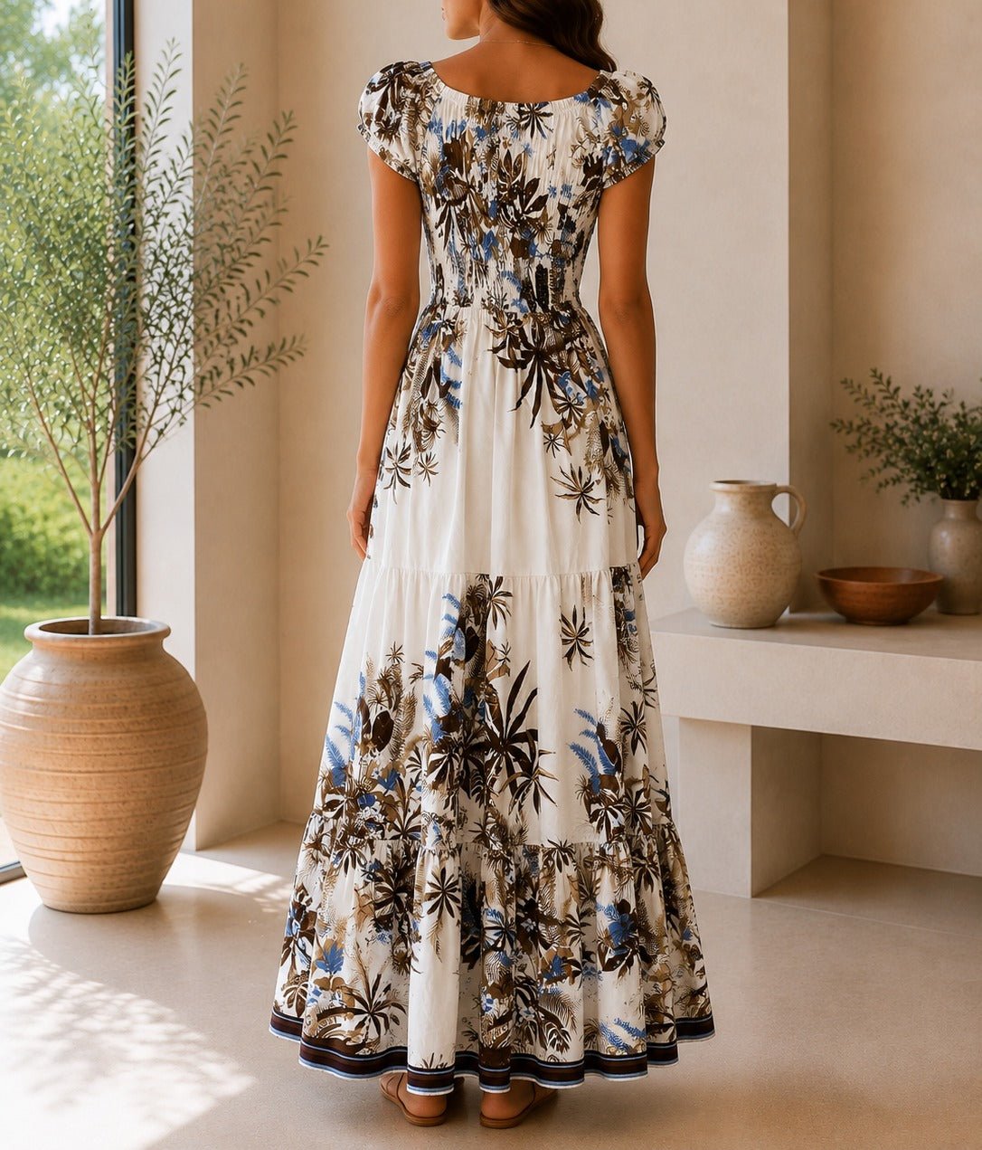 Ladies Brown Floral Smoked Waist Maxi Dress - StylePhase SA