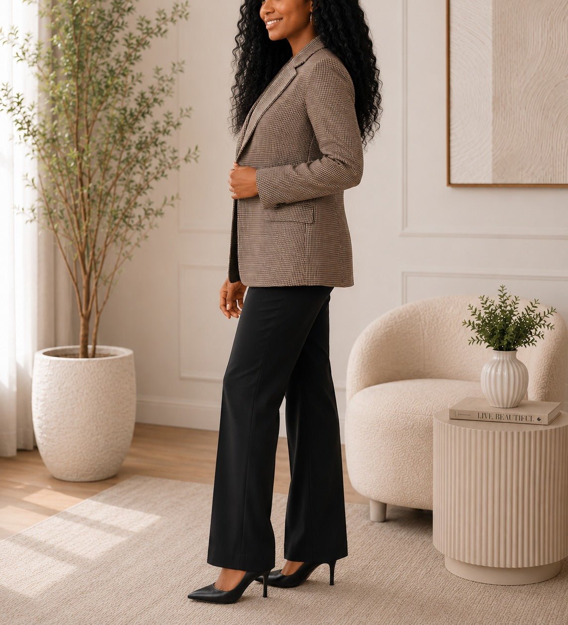 Ladies Brown Gingham Blazer Coat - StylePhase SA