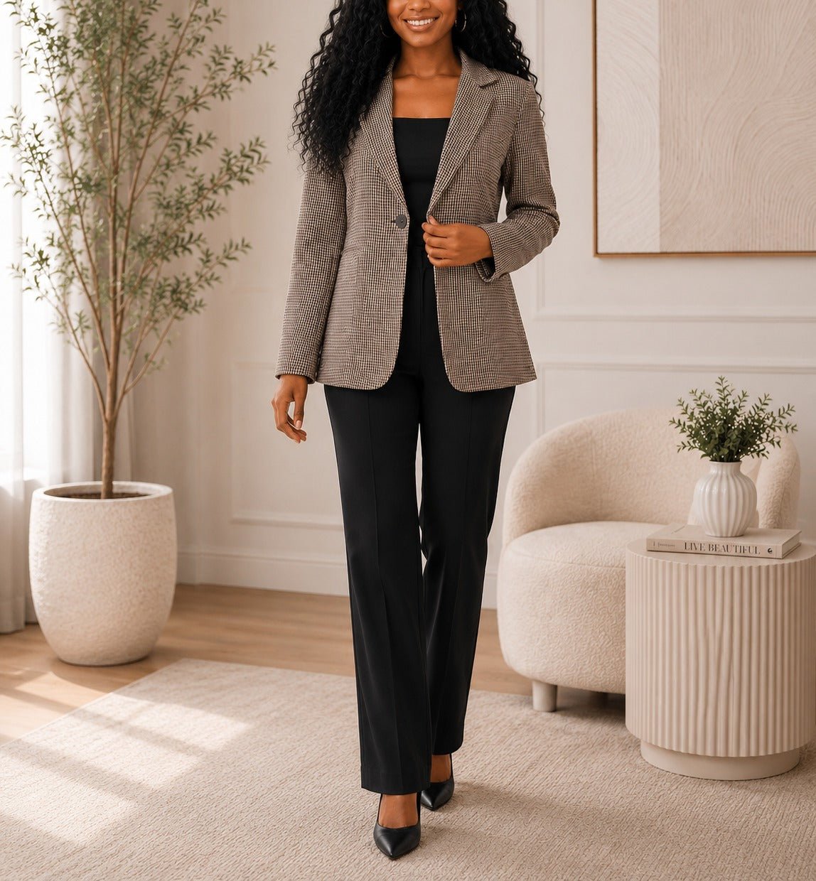 Ladies Brown Gingham Blazer Coat - StylePhase SA
