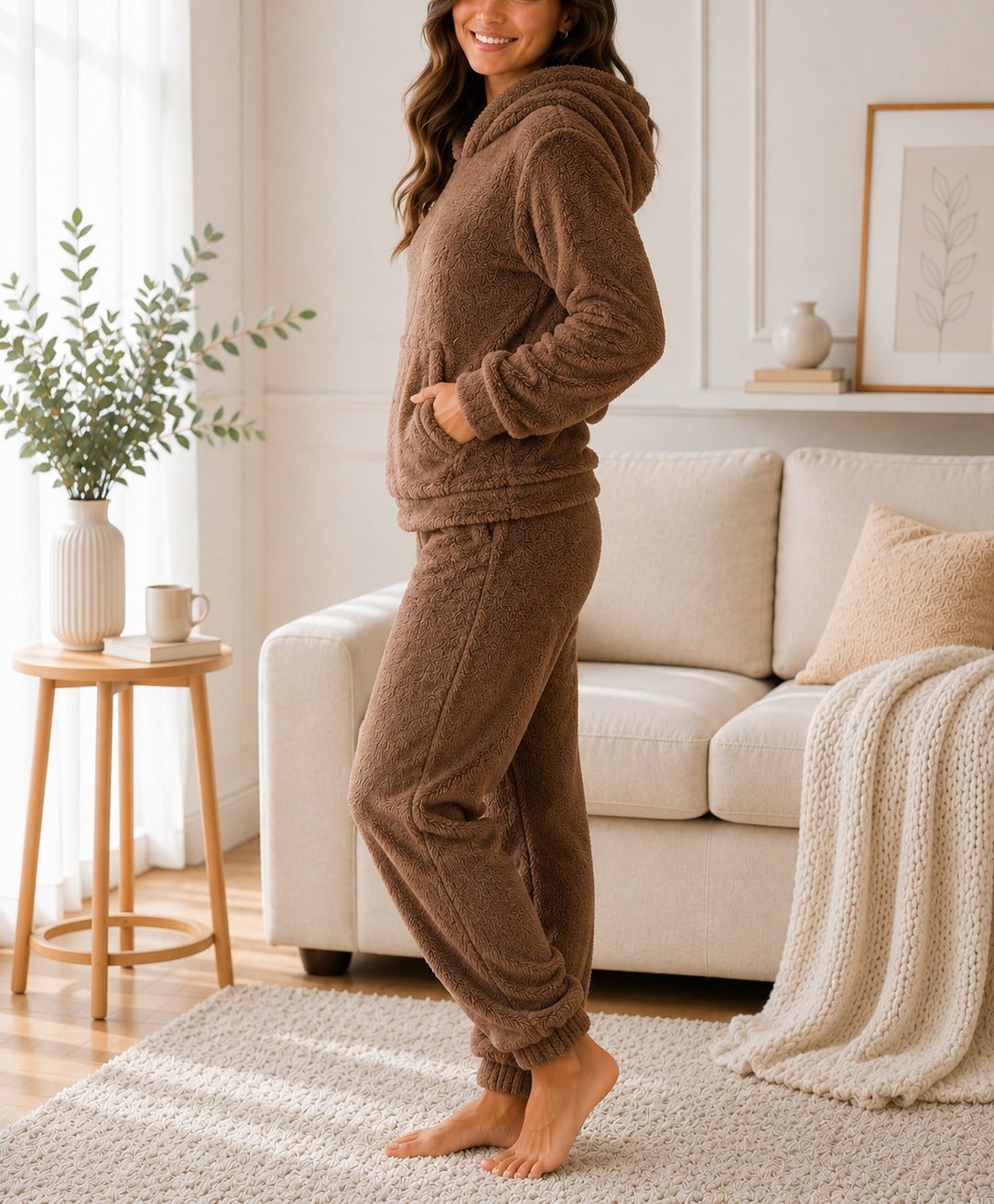 Ladies Brown Kangaroo Hoody Plush Pj Set - StylePhase SA
