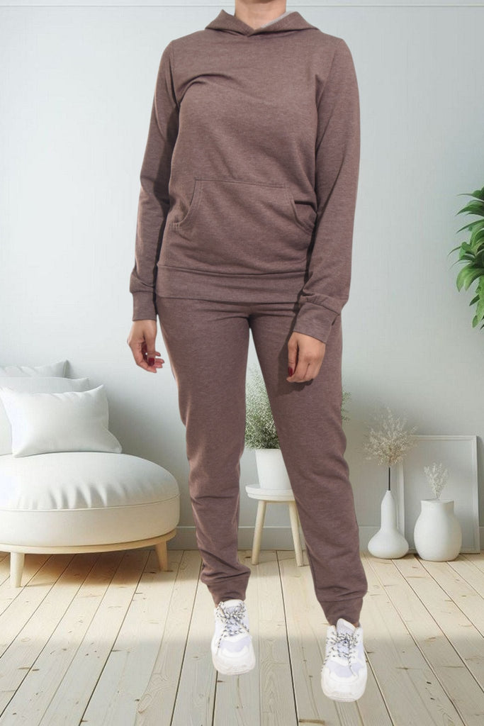 Ladies Brown Kangaroo Hoody Tracksuit Set - StylePhase SA