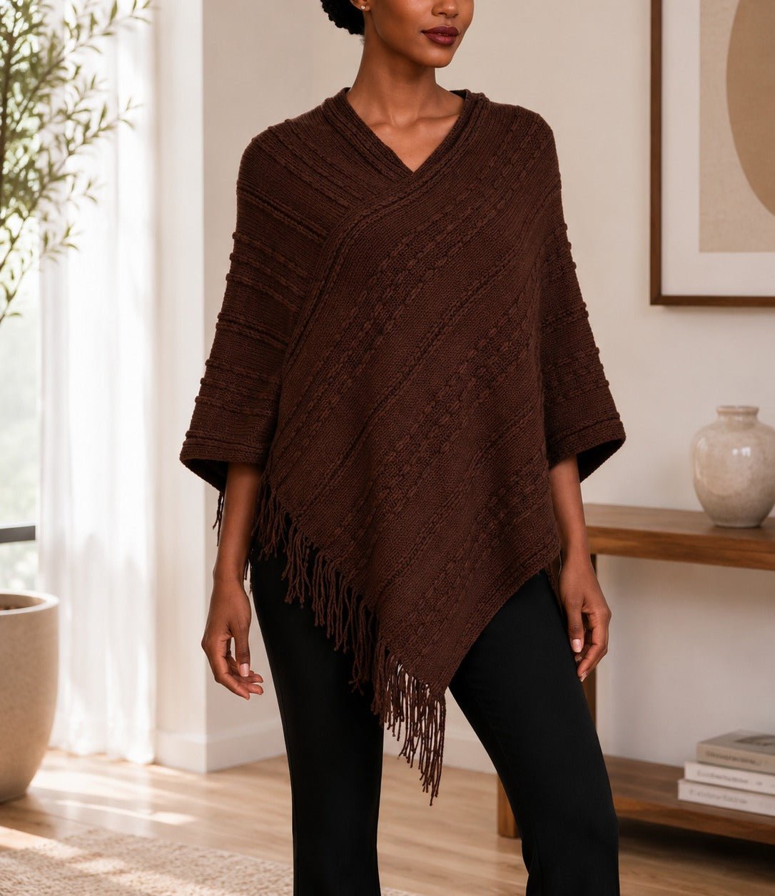 Ladies Brown Knitted V-Neck Poncho - StylePhase SA