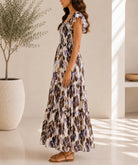 Ladies Brown Leaf Print Double Layered Flutter Sleeve Dress - StylePhase SA