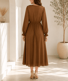 Ladies Brown Lined Ruffle V-Neckline Chiffon Dress - StylePhase SA