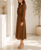 Ladies Brown Lined Ruffle V-Neckline Chiffon Dress - StylePhase SA