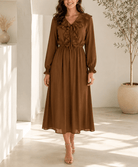 Ladies Brown Lined Ruffle V-Neckline Chiffon Dress - StylePhase SA