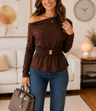 Ladies Brown New Feeling Off Shoulder Gold Embellishment Top - StylePhase SA