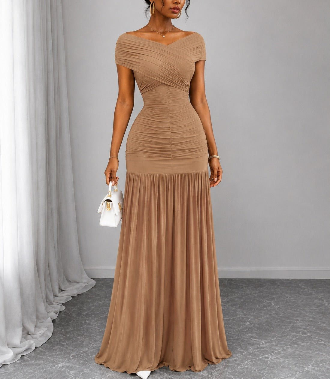 Ladies Brown Off Sleeve Maxi Dress - StylePhase SA