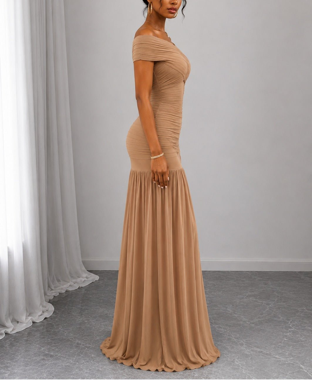 Ladies Brown Off Sleeve Maxi Dress - StylePhase SA