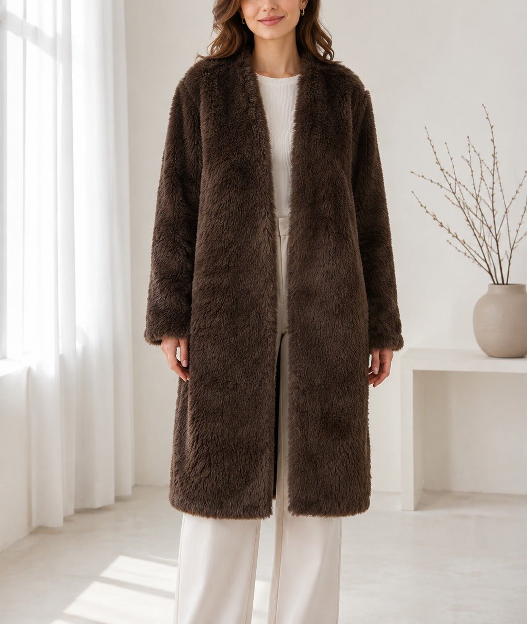 Ladies Brown Open-Front Faux Fur Coat - StylePhase SA