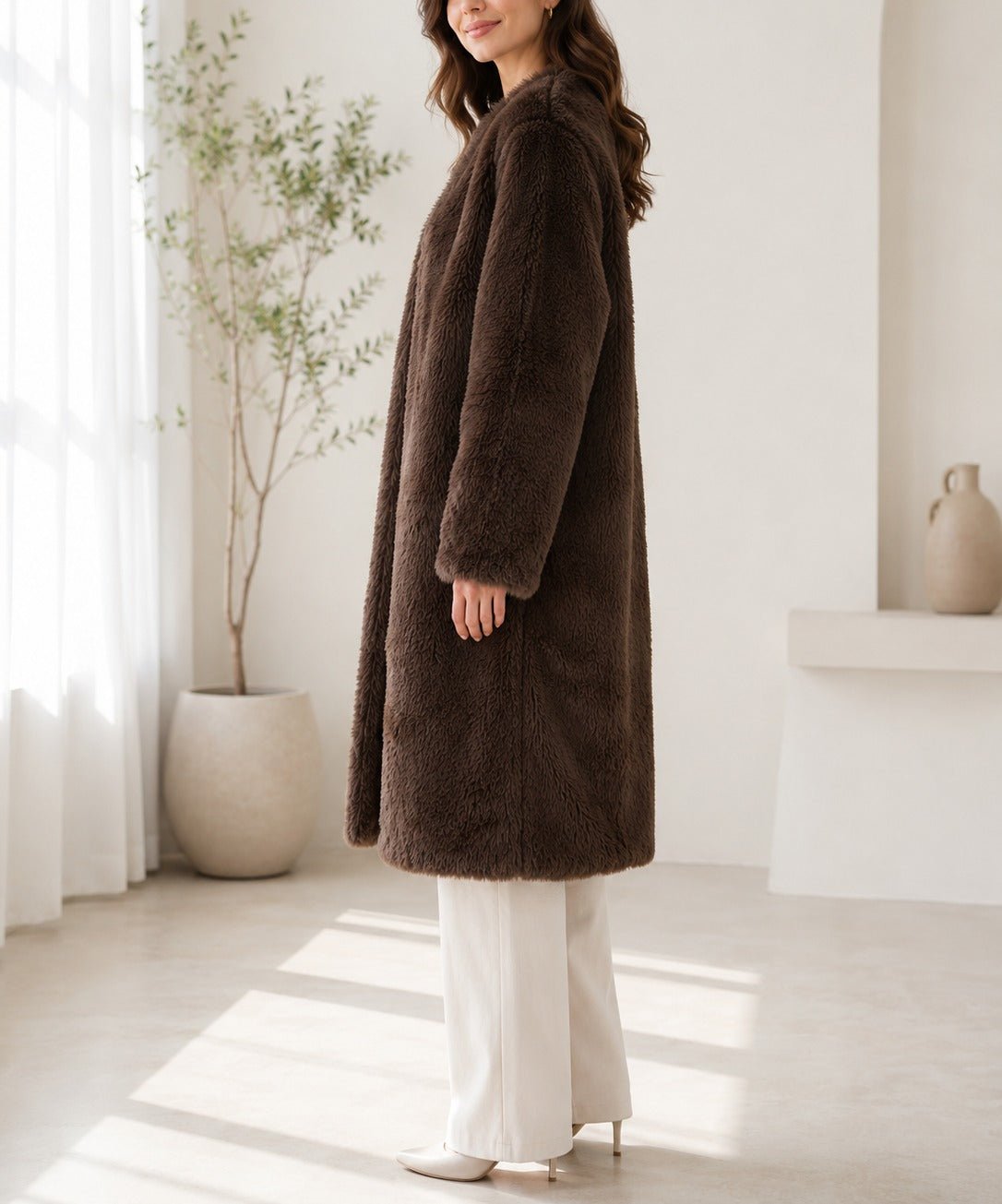 Ladies Brown Open-Front Faux Fur Coat - StylePhase SA
