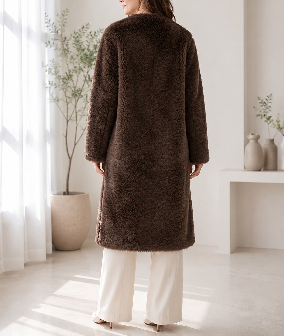 Ladies Brown Open-Front Faux Fur Coat - StylePhase SA