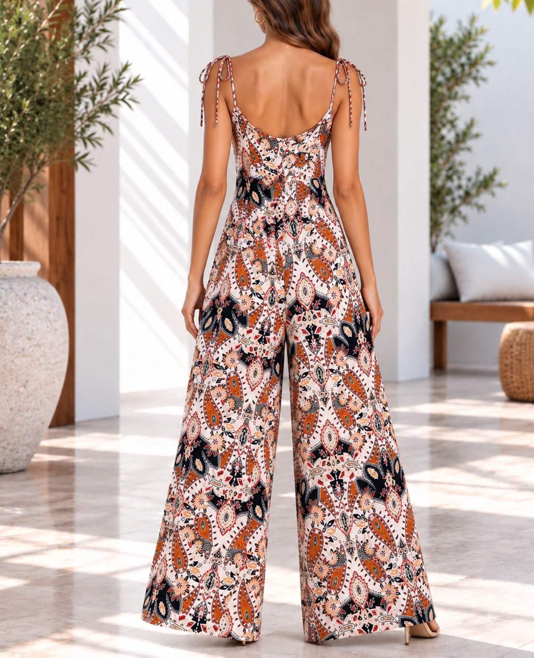 Ladies Brown Paisley Print Tie Strap Jumpsuit - StylePhase SA