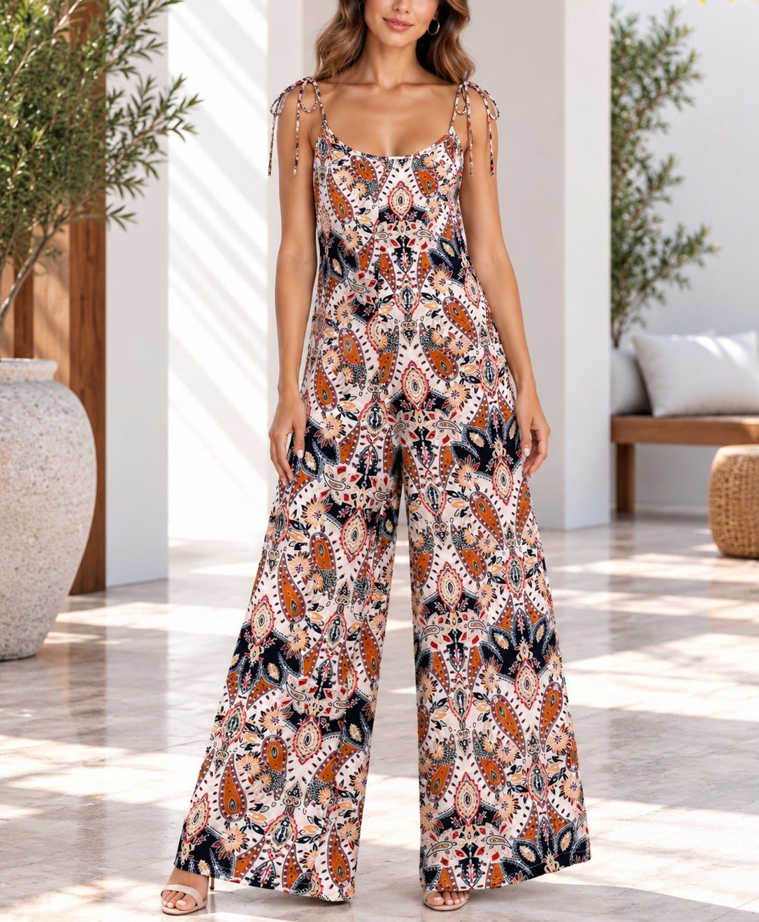 Ladies Brown Paisley Print Tie Strap Jumpsuit - StylePhase SA