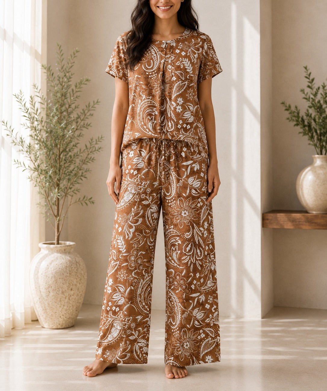 Ladies Brown Paisley Print Two-Piece Set - StylePhase SA