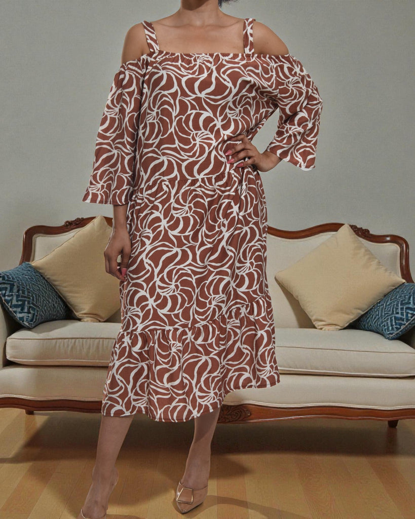 Ladies Brown Pattern Cut Out Dress - StylePhase SA