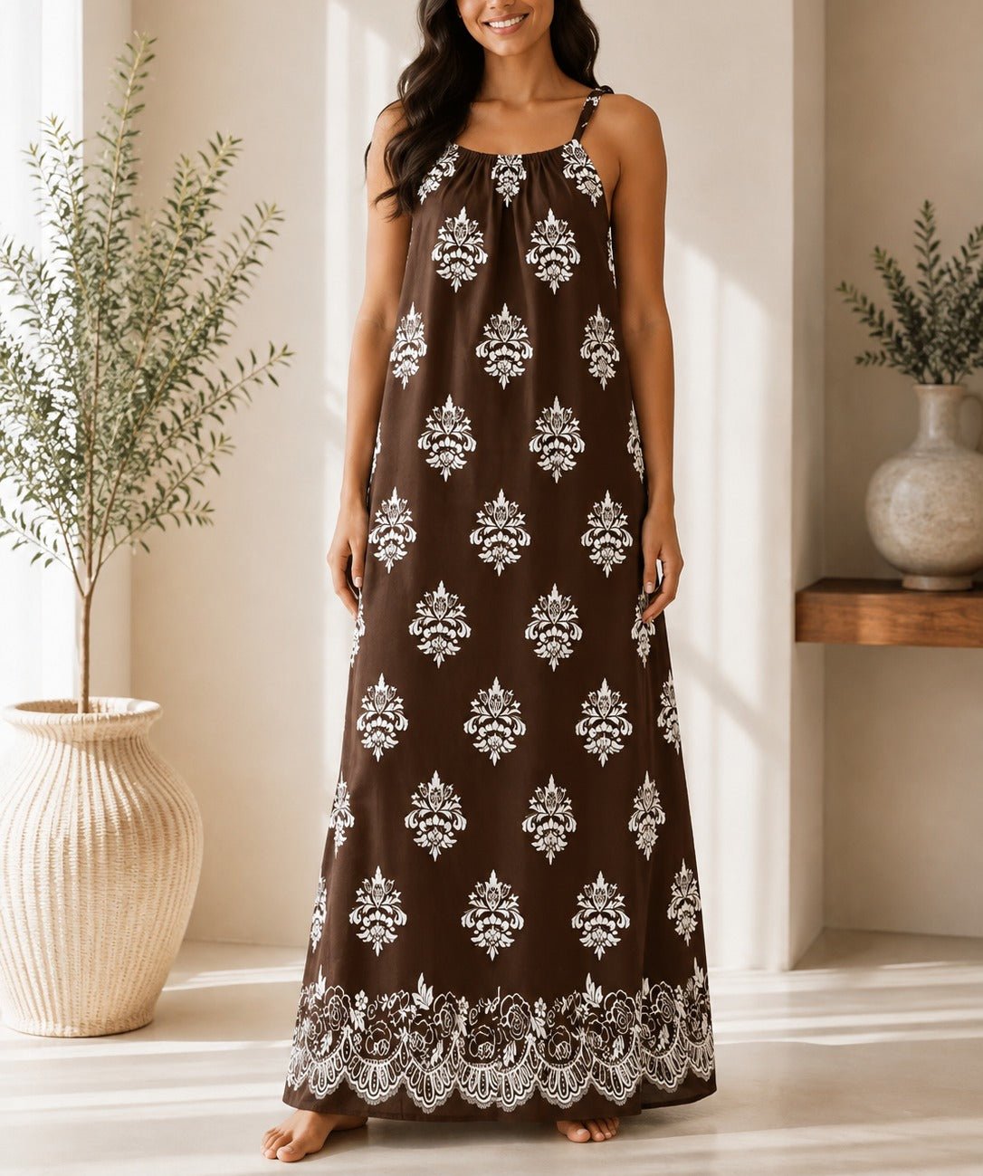 Ladies Brown Patterned Sleeveless Maxi Dress - StylePhase SA