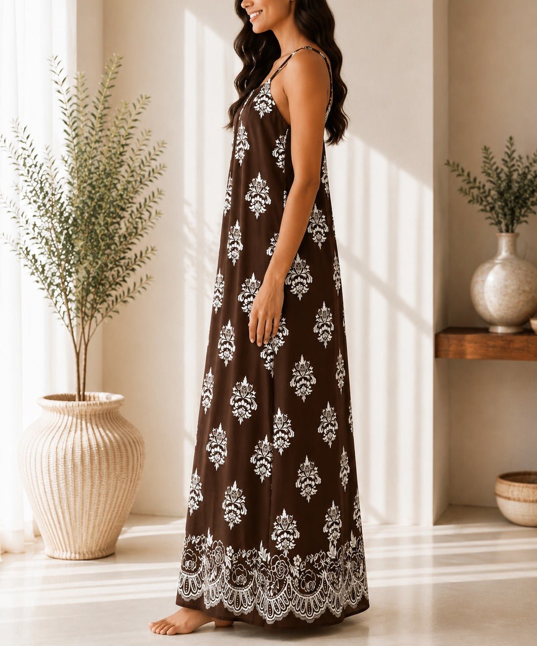 Ladies Brown Patterned Sleeveless Maxi Dress - StylePhase SA