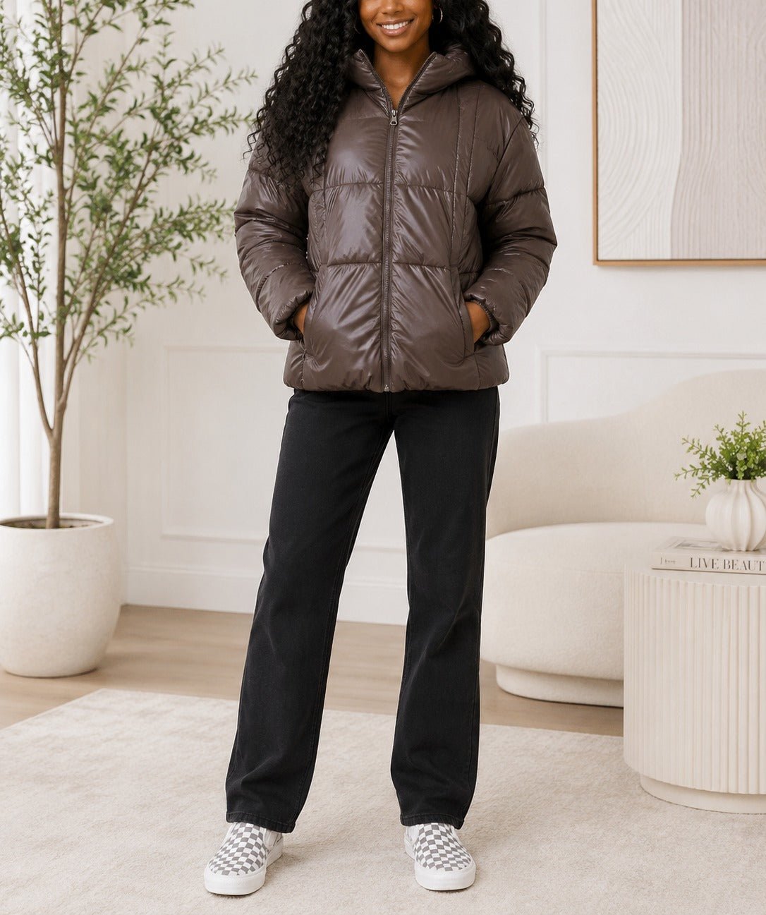 Ladies Brown Puffer Hoody Jacket - StylePhase SA