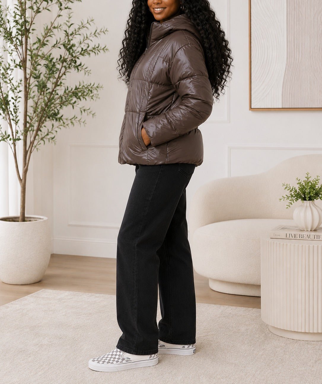 Ladies Brown Puffer Hoody Jacket - StylePhase SA