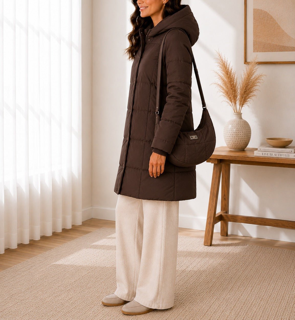 Ladies Brown Puffer Jacket With Matching Bag - StylePhase SA