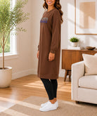 Ladies Brown Rhinestone Long Length Sweatshirt Dress - StylePhase SA
