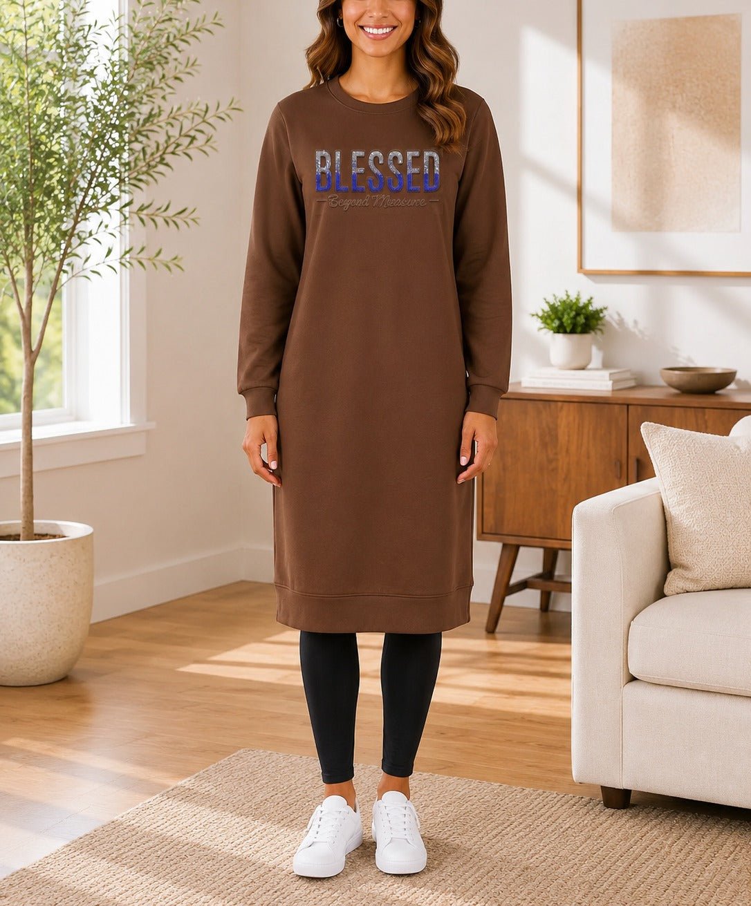 Ladies Brown Rhinestone Long Length Sweatshirt Dress - StylePhase SA