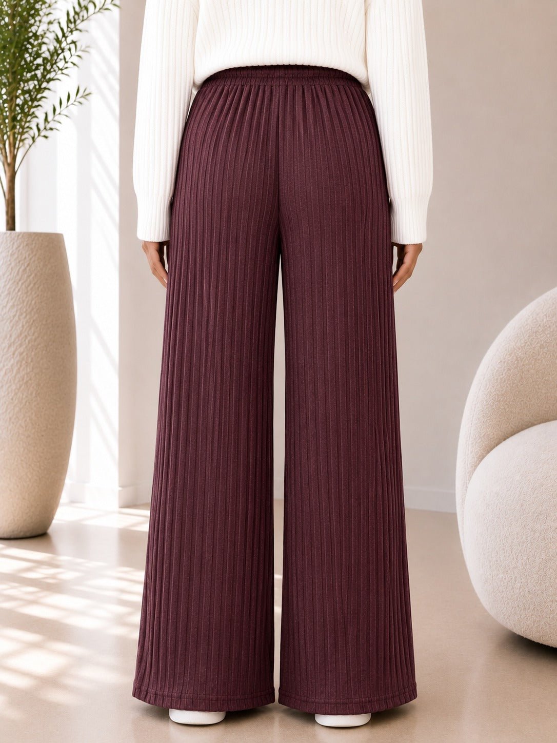 Ladies Brown Ribbed Knit Wide Leg Pants - StylePhase SA