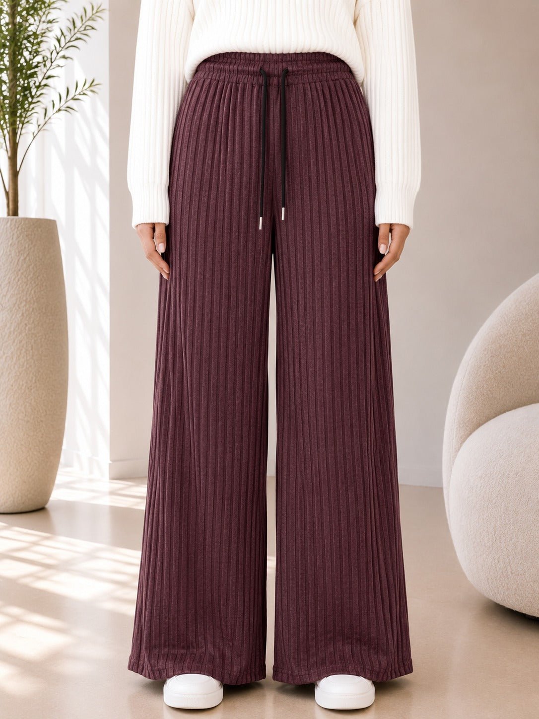 Ladies Brown Ribbed Knit Wide Leg Pants - StylePhase SA
