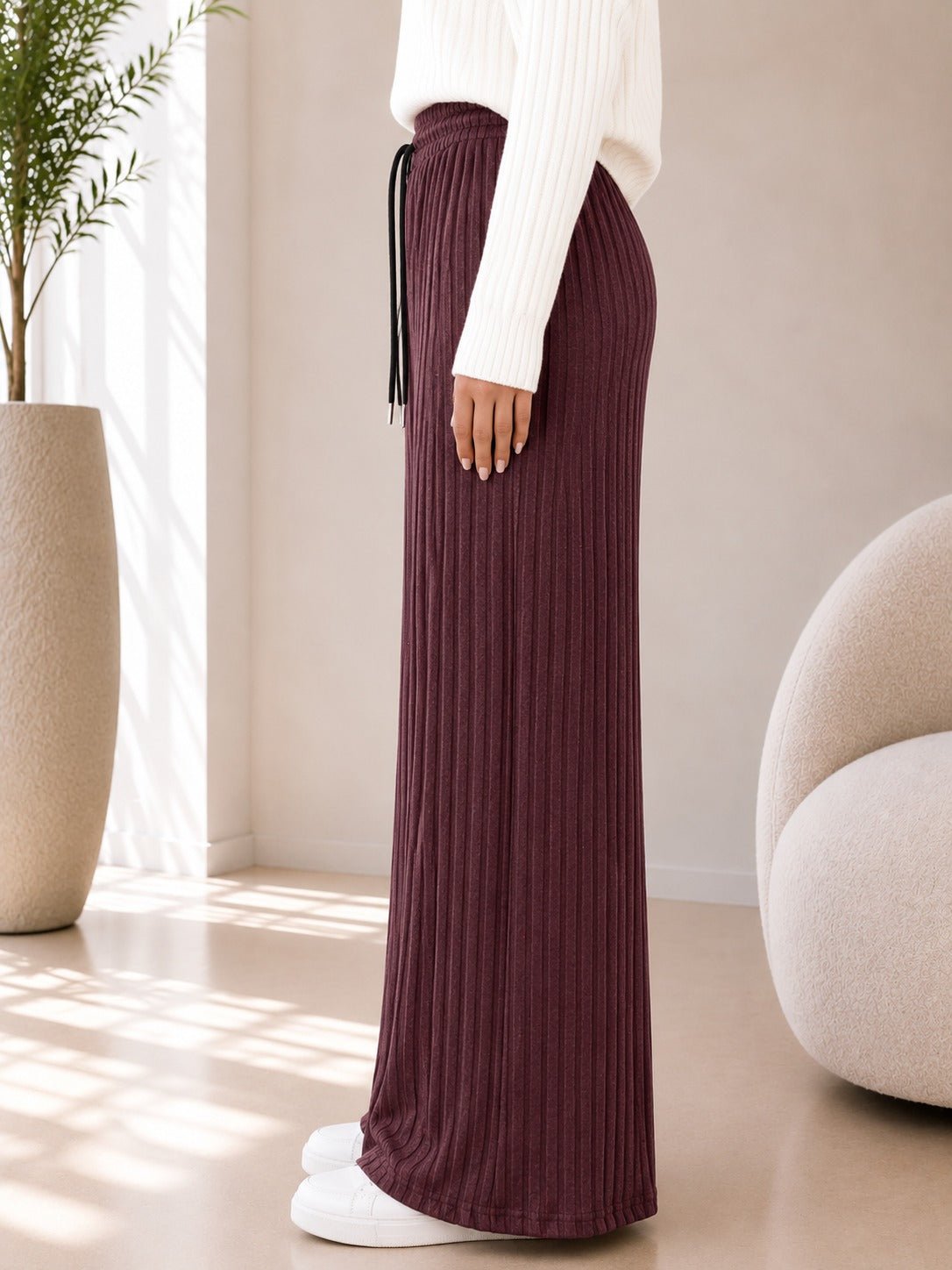 Ladies Brown Ribbed Knit Wide Leg Pants - StylePhase SA