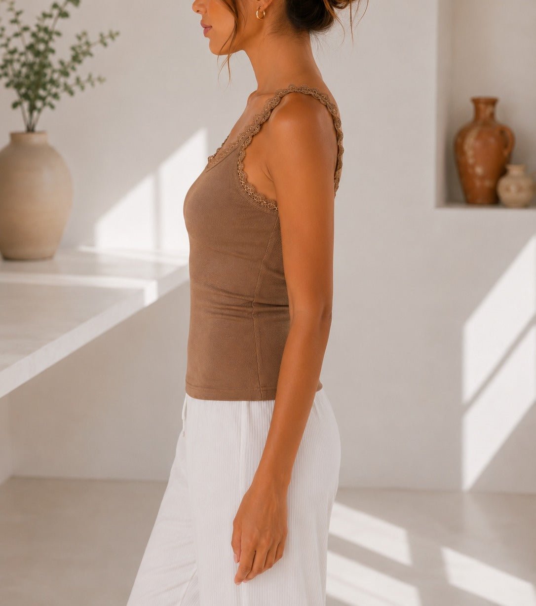Ladies Brown Ribbed Lace-Trim Tank Top - StylePhase SA