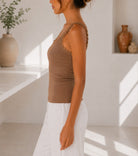 Ladies Brown Ribbed Lace-Trim Tank Top - StylePhase SA