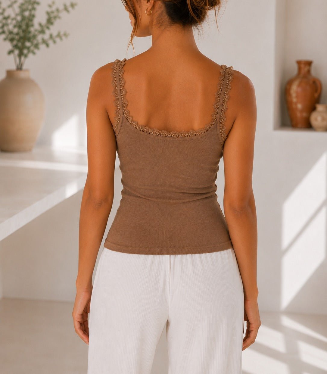 Ladies Brown Ribbed Lace-Trim Tank Top - StylePhase SA