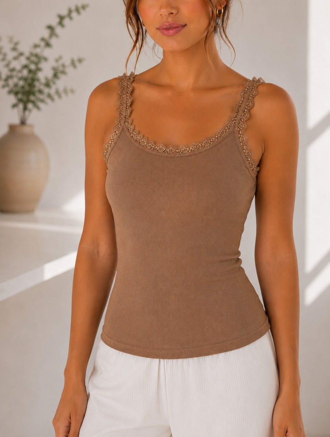 Ladies Brown Ribbed Lace-Trim Tank Top - StylePhase SA