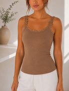 Ladies Brown Ribbed Lace-Trim Tank Top - StylePhase SA