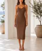 Ladies Brown Ribbed Midi Bodycon Dress - StylePhase SA