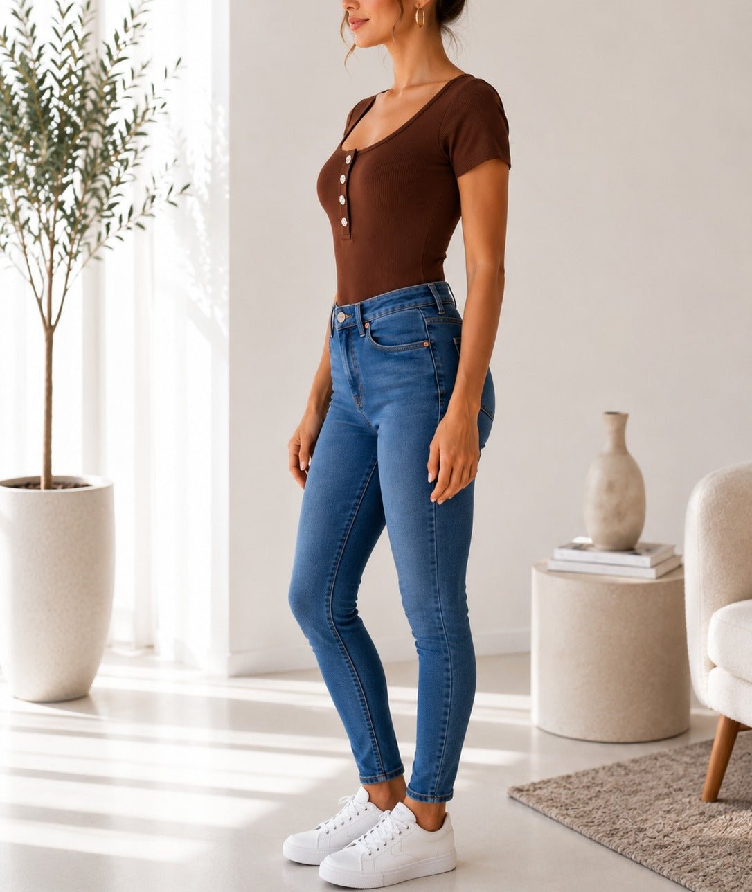Ladies Brown Ribbed Short Sleeve Bodysuit - StylePhase SA