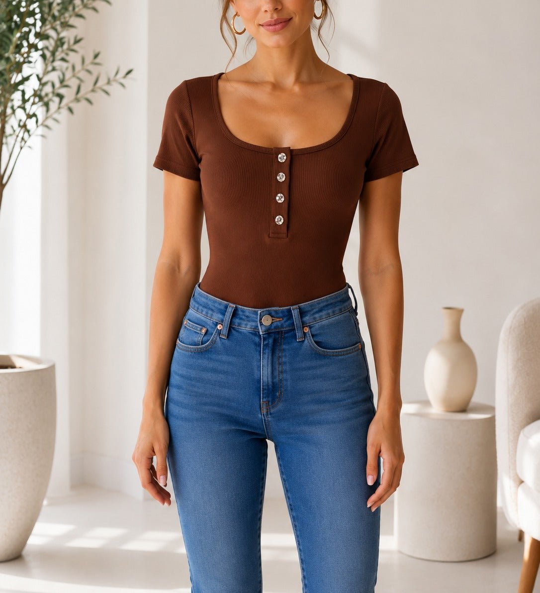 Ladies Brown Ribbed Short Sleeve Bodysuit - StylePhase SA