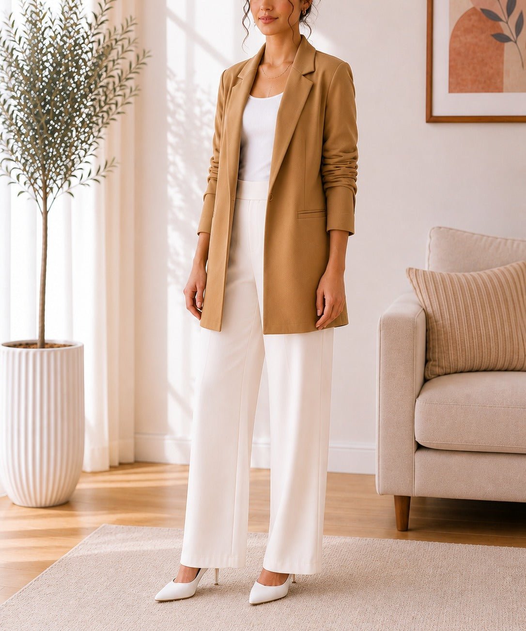 Ladies Brown Ruched Sleeve Blazer - StylePhase SA