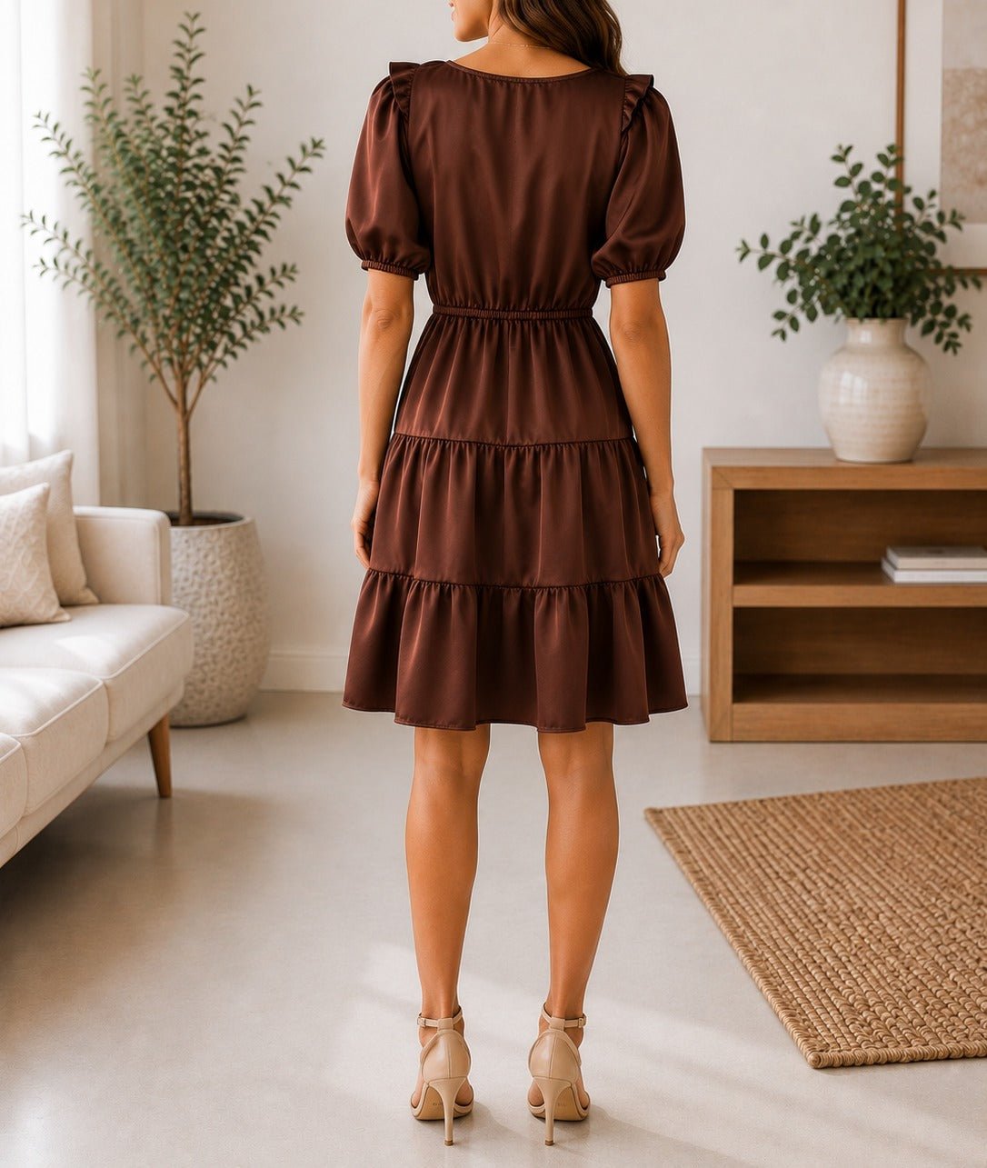 Ladies Brown Satin Frill Tier Dress - StylePhase SA